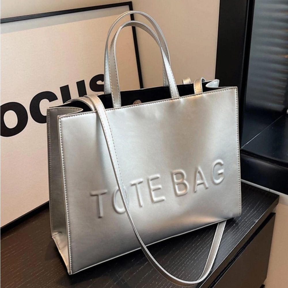 Leather Tote Bag With Pure Color & Letter Design - Picture 6 of 9